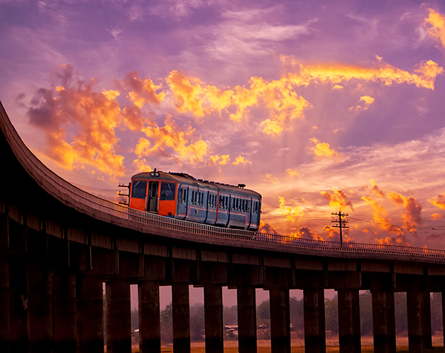 Beautiful Sunrise Sunset Sky Train Moving Railway Bridge Thailand